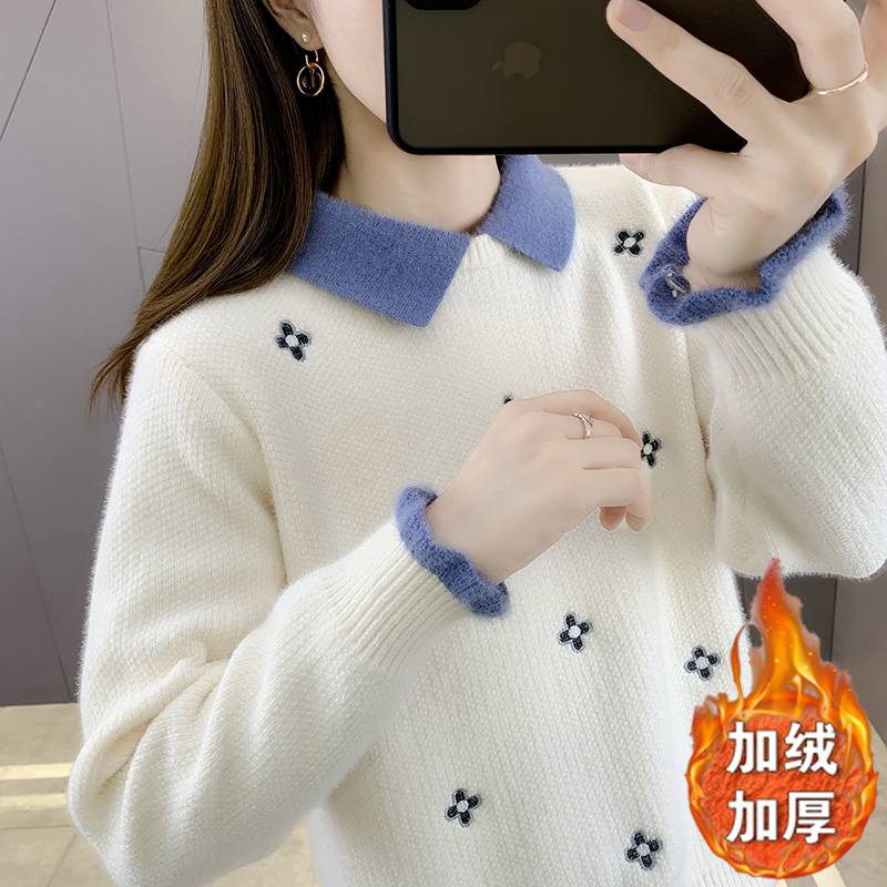 慵懒风学生加绒保暖女毛衣秋冬新款加厚翻领针织衫套头上衣打底衫