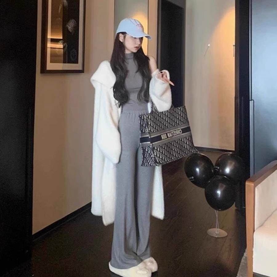 仿水貂绒宽松慵懒风针织毛衣外套女开衫中长款大衣秋冬季新款加厚