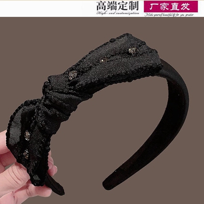韩国黑色蝴蝶结镶钻发箍高级感轻奢复古头饰气质百搭高颅顶发卡女