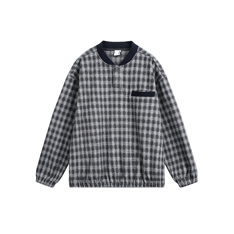 美式复古男装秋男士棒球领磨毛格纹复古英伦风卫衣男套头宽松休闲
