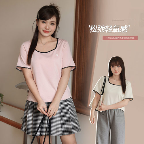韩版正肩撞色刺绣蕾丝拼接上衣女胖mm大码宽松显瘦短袖T恤SC65230