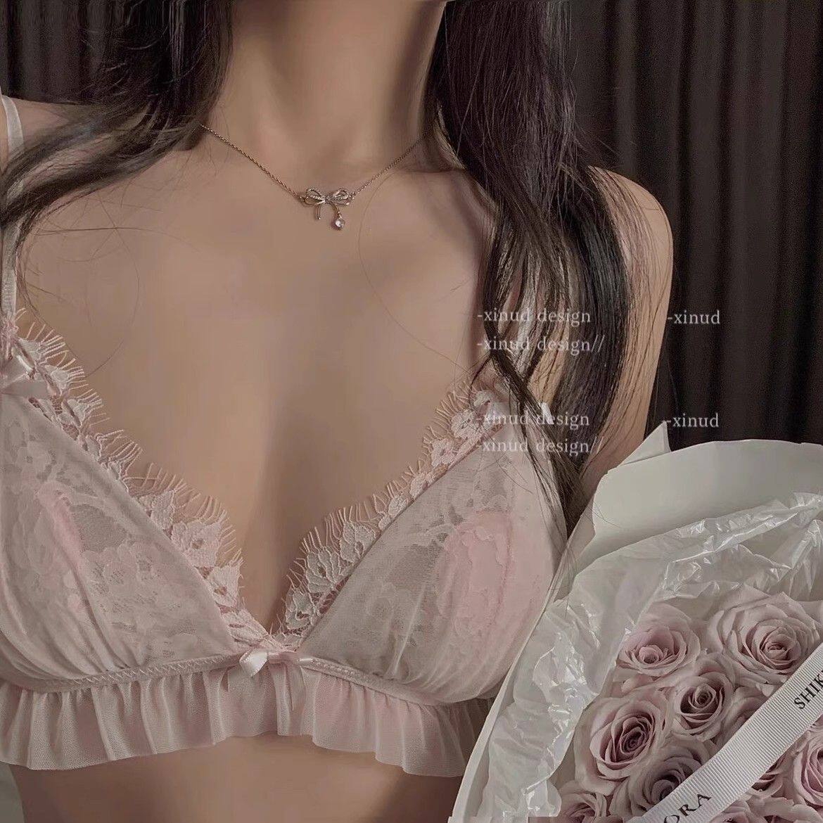 尤物~桃色朗姆酒*法式蕾丝花边内裤内衣无钢圈性感美背文胸套装