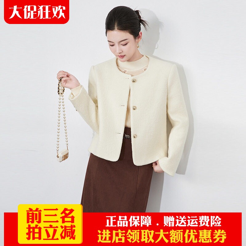 气质圆领短款羊毛呢上衣外套