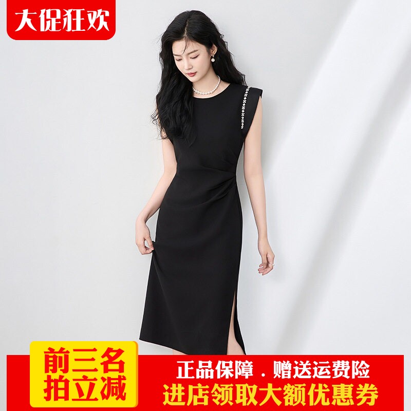 欧洲站2025夏季新款轻熟风知性优雅名媛气质镶钻修身轻礼服连衣裙