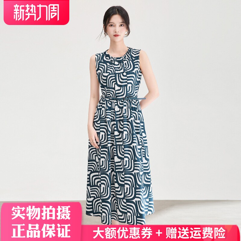 无袖连衣裙纯棉几何印花休闲气质