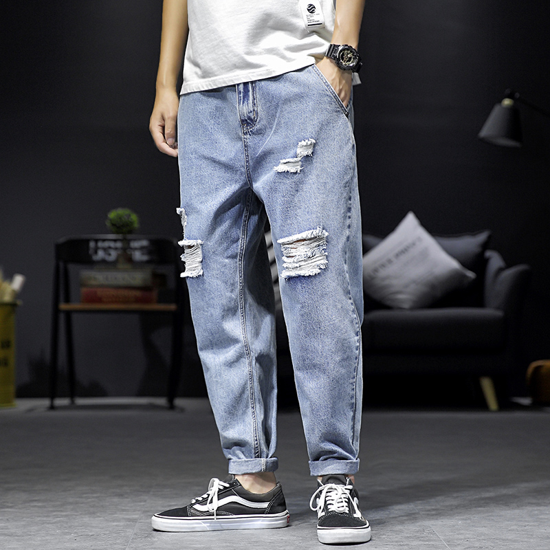 Summer and Autumn New Japan Leisure Large Size Originally Created Men's Hole-Breaking Fashion Jeans Pants Nine-minute Pants