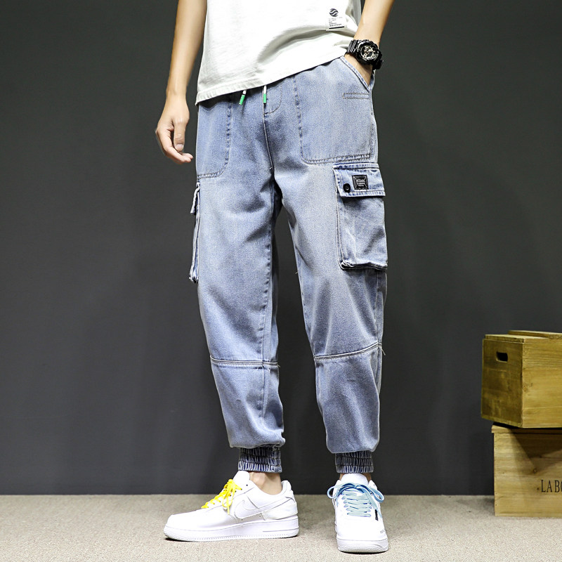 Summer 2019 New Deep Gray Wall Japanese Big Size Men's Original Tools 9-minute Pants and Bottom-tied Jeans