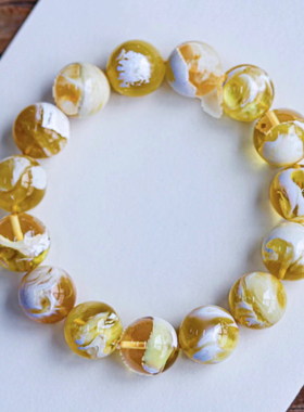 纯天然俄料13.8毫米22.19克金瓷白妖花圆珠手串颗颗精挑金白交融