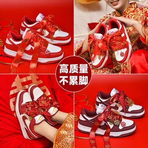 aj婚鞋红色新娘鞋秀禾服搭配结婚女鞋平底不累脚运动鞋男日常可穿