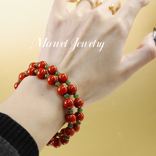 MarvelJewelry天然南红玛瑙手串双圈碧玉小米珠本命年手链礼物女