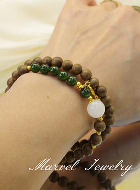 Marvel Jewelry原创天然和田玉碧玉手串双圈迈索尔沉香中式手链女