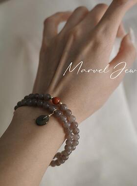 Marvel Jewelry和田玉烟紫手串双圈原创保山南红碧玉转运珠手链女