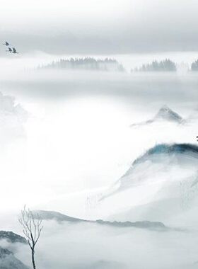 新中式水墨远山禅意飞鸟电视背景墙客厅无纺布墙纸D011壁画壁纸