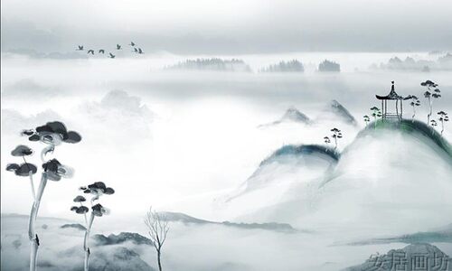 新中式水墨远山禅意飞鸟电视背景墙客厅无纺布墙纸D011壁画壁纸