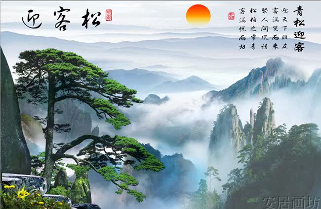 黄山迎客松山水风景电视背景墙客厅书房无纺布墙纸D263壁画壁纸