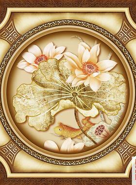 中式风格玉雕彩雕荷花豪华天棚吊顶装饰画无纺布墙纸H031壁纸壁画