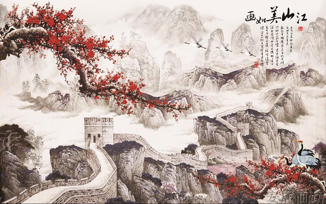 万里长城装饰画油画客厅书房酒店无纺布墙纸A130壁纸壁画图片