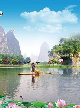 桂林山水油画风景画电视背景墙客厅书房无纺布墙纸D072壁画壁纸