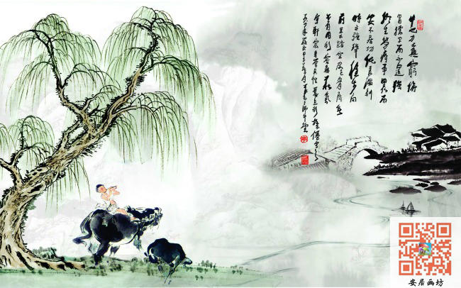 中国风山水画牧童风景画背景墙客厅书房无纺布墙纸E001壁纸壁画