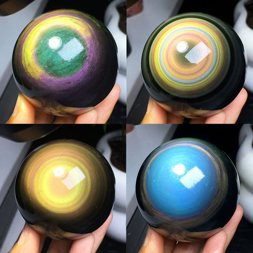 天然彩曜石球七彩猫眼千层球摆件