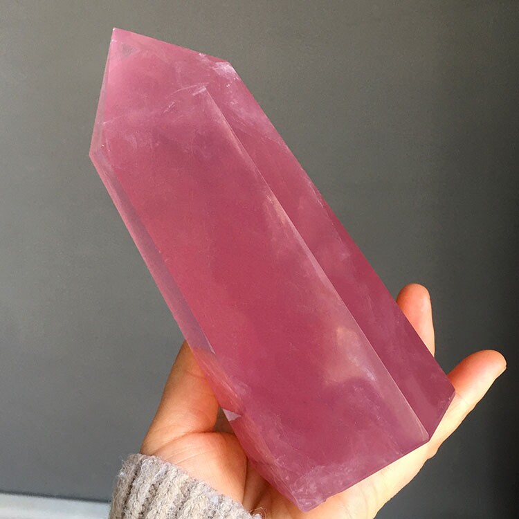 天然粉水晶柱子马粉果冻粉芙蓉石原石打磨单尖六棱柱家居桌面摆件