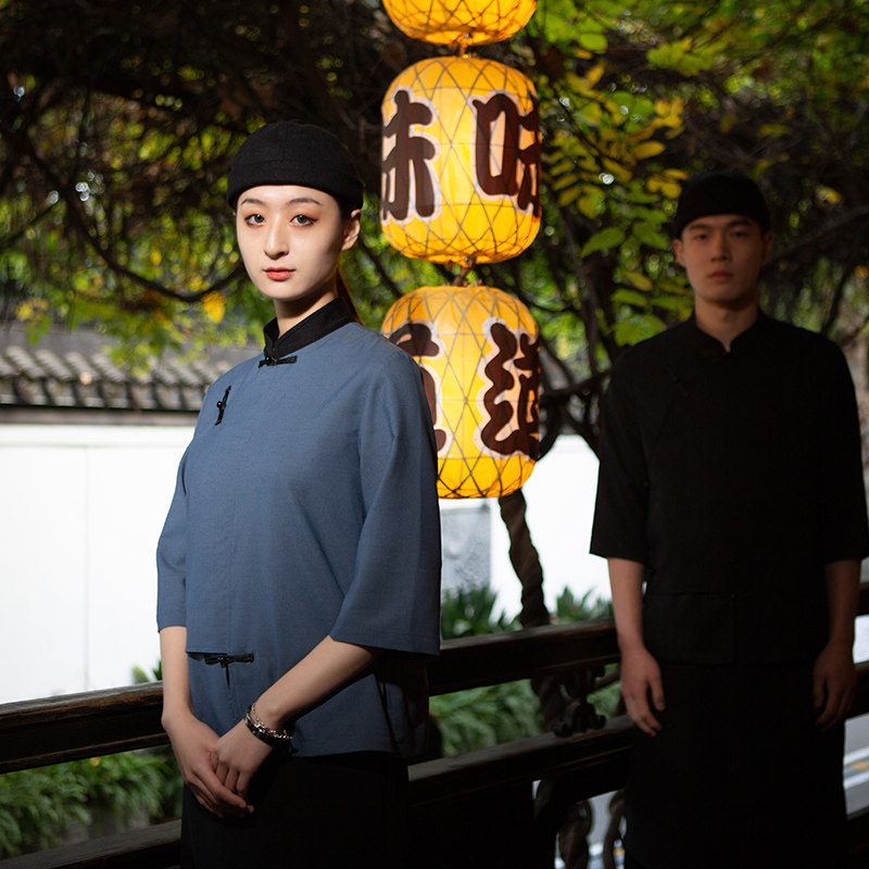 新款民国风中餐厅服务员工作服套装盘扣中式火锅串串饭店定制logo
