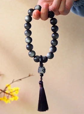 天然银曜石醒狮手持十八子念珠网红同款黑曜石手持流苏送女友男友