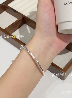 福氏足银999纯银泰国手工捶打纹民族风镯子文艺实心铃铛推拉手镯