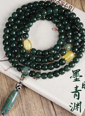 墨绿色菩提手串108颗手持佛珠玛瑙吊饰老型桶珠文玩盘玩手链