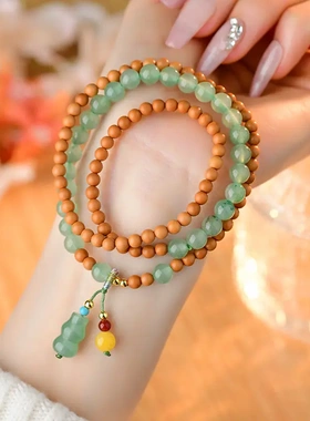 原创新款橄榄核绿草莓晶三圈手串葫芦民族风文玩盘玩女士手链
