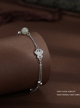乾佳S999足银新中式和田玉蝴蝶手链女小众高级感国风国潮手饰