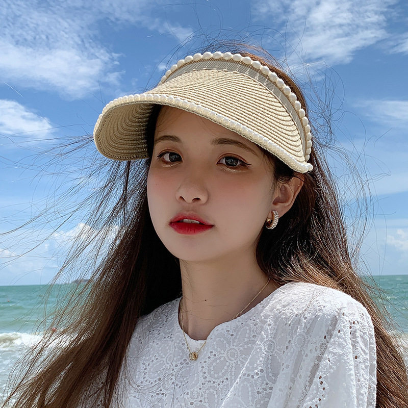 网红空顶帽子女遮阳帽夏季百搭防晒遮脸韩版潮无顶珍珠草帽太阳帽