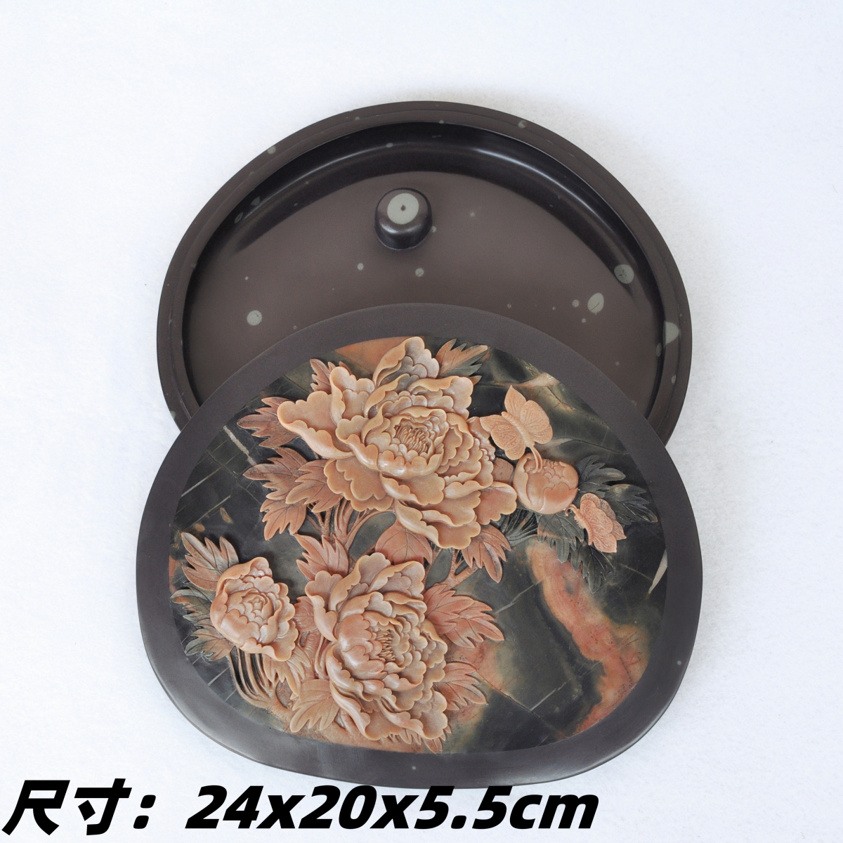 中国彩砚苴却砚手工雕刻文房四宝收藏实用砚老坑胭脂红牡丹花盖砚