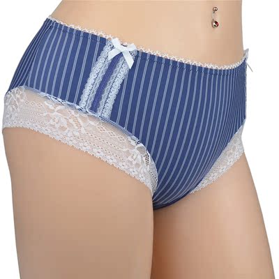 外贸原单高品质弹力大码女内裤条纹蓝色中腰三角裤L XL
