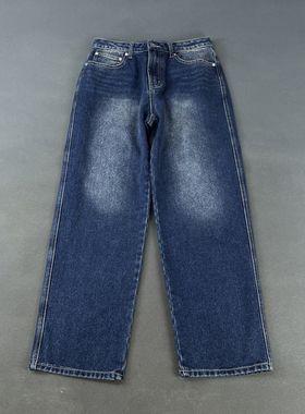 原 韩国单 59800韩元 复古水洗磨白全棉牛仔裤直筒裤阔腿裤长裤男