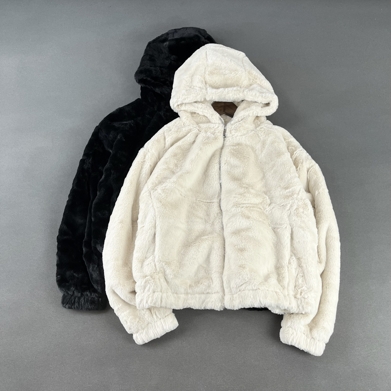 仿兔毛皮草上衣宽松连帽毛绒外套