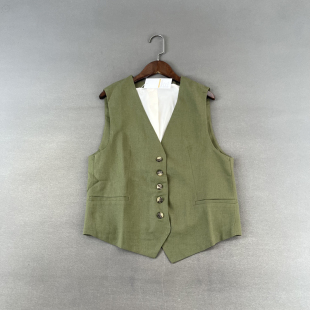 马甲外套上衣女 西装 亚麻肌理感 复古通勤军绿色马夹背心V领无袖