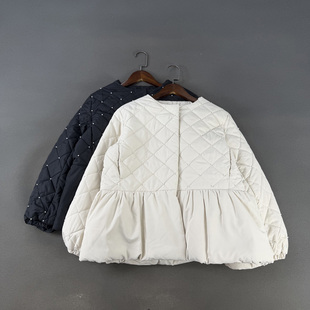 日本单 4990日币~秋冬保暖菱格绗缝甜美钉珠饰圆领棉衣棉服外套女