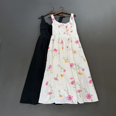 亚麻混纺高腰吊带裙连衣裙长裙女