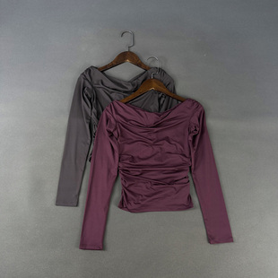 法式 春季 荡领褶皱收腰修身 短款 T恤打底上衣女 美国单 长袖 柜120