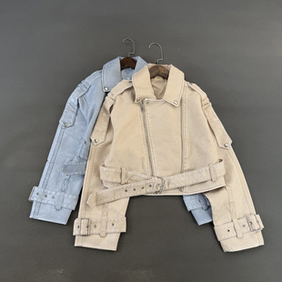 斜拉链设计！春季复古做旧擦色PU皮夹克机车风翻领短款皮衣外套女