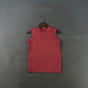 春夏薄款 针织衫 纯色提花修身 套头圆领无袖 背心上衣女 短款 日本单