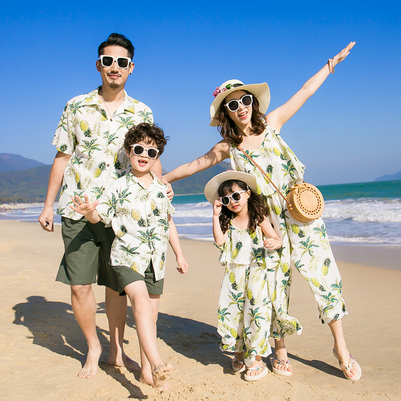 2023新款夏季親子裝男孩沙灘襯衣套裝母女雪紡闊腿連體衣海邊度假