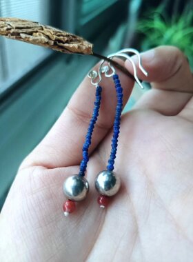 手作银珠南红青金石耳坠