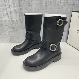 厚底马丁靴圆头机车黑色粗跟短靴 复古堆堆靴女2025年秋冬新款