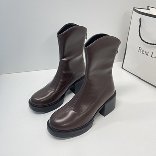 棕色厚底粗跟短靴女2026秋冬季 V口百搭增高英伦风单靴复古瘦瘦靴