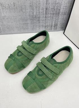 蝴蝶结绿色德训鞋女2026新款内增高洋气小众设计感阿甘潮鞋魔术贴