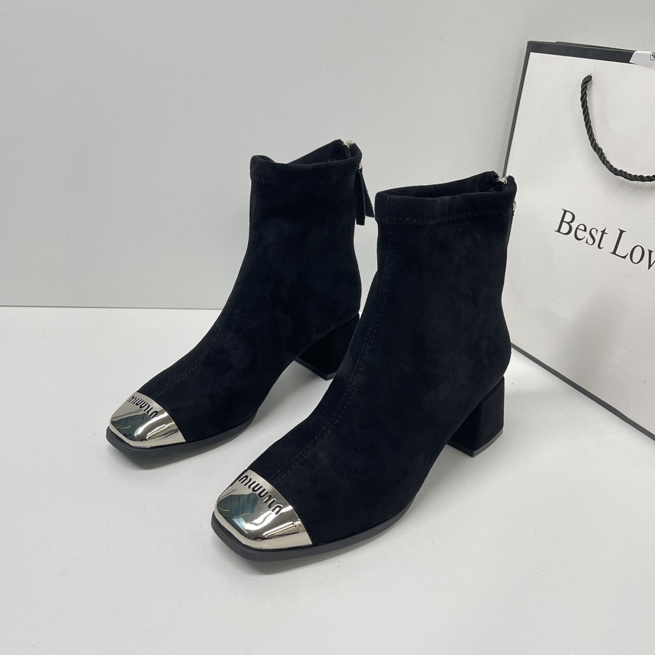 粗跟金属方头中跟弹力瘦瘦靴