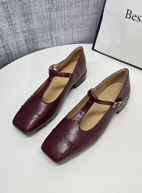 2cm粗跟复古红色玛丽珍鞋女鞋202秋新款浅口T字扣法式配裙子单鞋