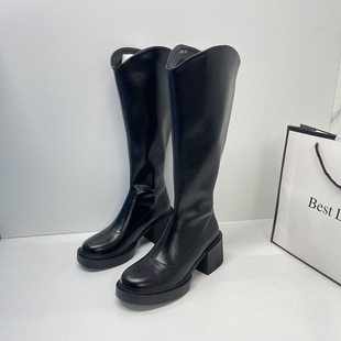 长靴女不过膝高跟厚底V口骑士靴粗跟高筒弹力瘦瘦靴小个子长筒靴